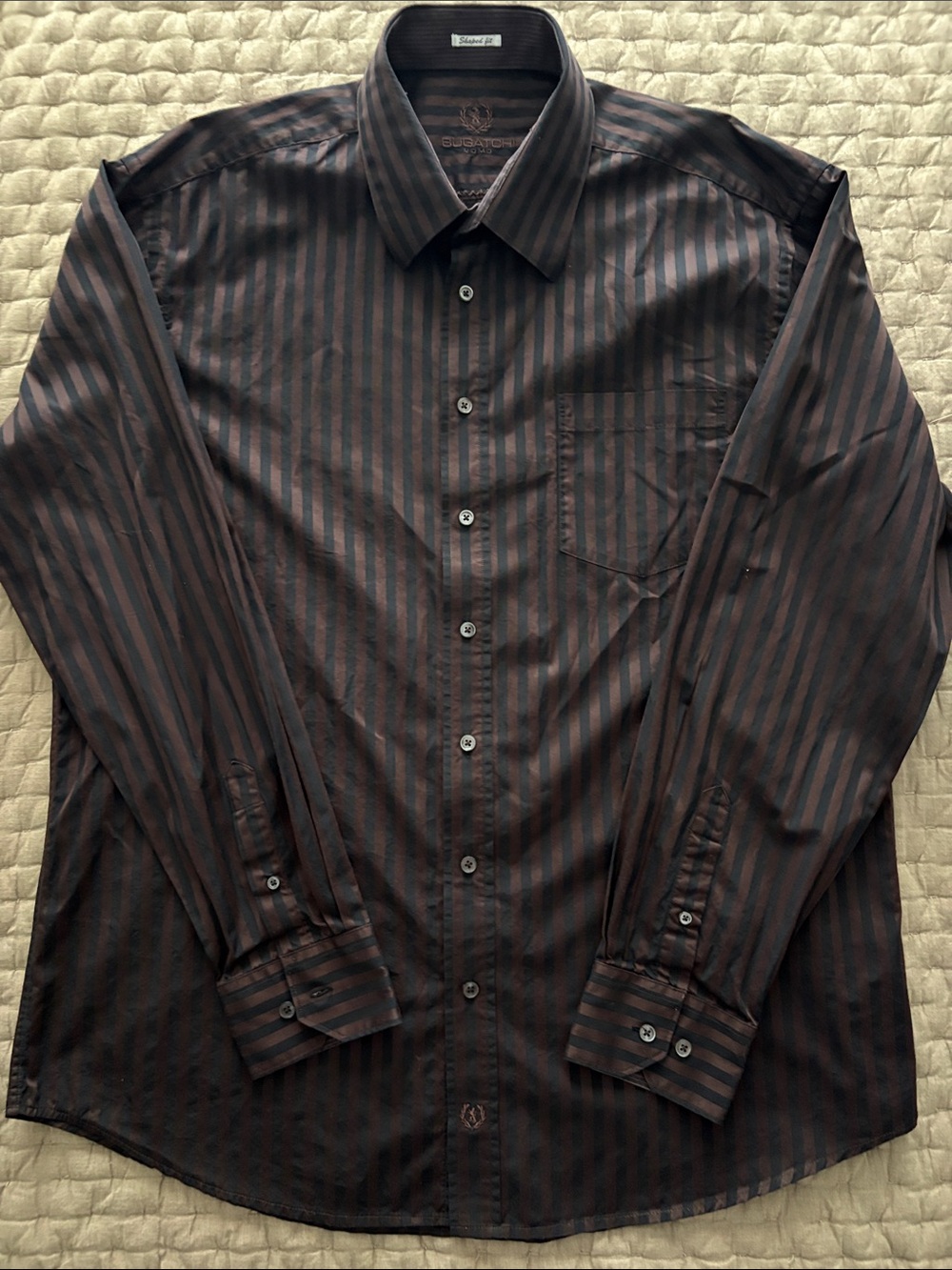 Bugatchi Men's Brown and Black Striped Dress Shirt